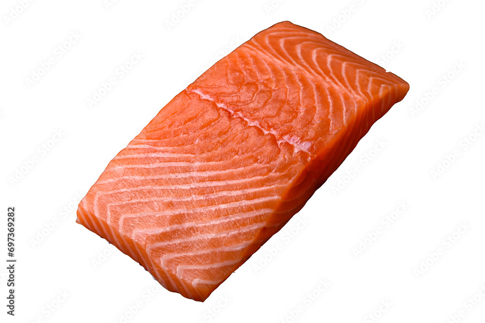 Fresh raw salmon red fish fillet with salt and spices Fresh raw salmon red fish fillet with salt and spices