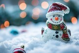 Festive Snowman Figurine On Snowy Background With Selective Focus For Christmas