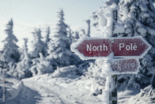 Unmistakable Presence: North Pole Signpost Stands Out In Winter Wonderland