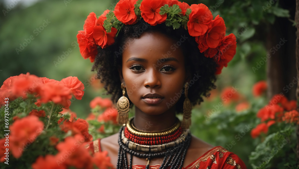 Kobieta w Ogrodzie Pełnym Czerwonych Kwiatów - obrazy, fototapety, plakaty 
