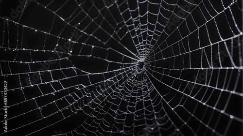 close-up view of a spider web with a black background