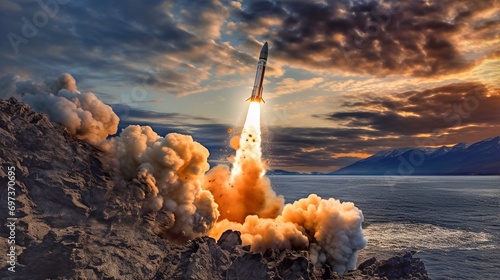 A ballistic missile takes off from the rocks of an island in the sea against the background of mountains. Combat missile launch. a rocket soaring into the sky over the sea photo