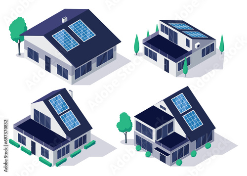 Classic and modern family house residential apartment buildings with roof solar panels. Real estate home property. Contemporary standard suburban urban village style