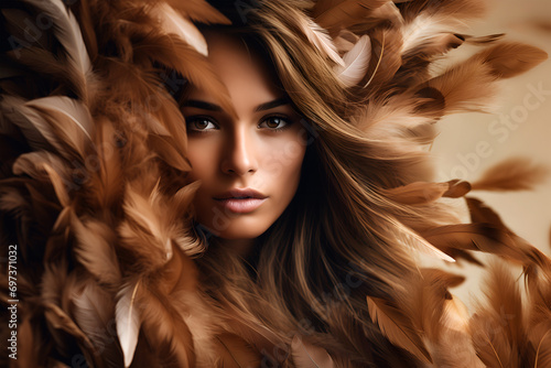 Fashion editorial Concept. Closeup portrait of stunning pretty woman with chiseled features, surround in brown bronze soft feathers boa. illuminated dynamic composition dramatic lighting. copy space