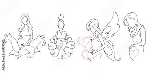 Pregnant Woman in continuous line drawing. Healthy pregnancy and birth baby symbol in simple linear style. Doodle outline vector illustration
