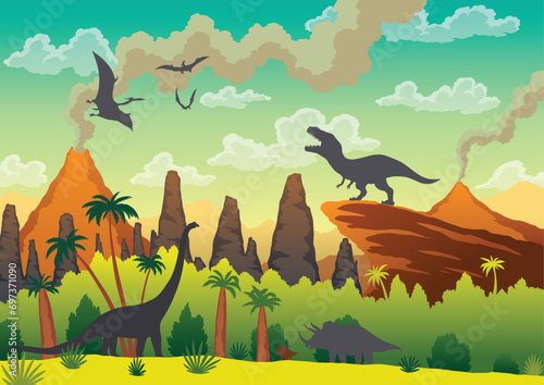Prehistoric landscape - volcano with smoke, mountains, dinosaurs and green vegetation. Vector illustration of beautiful prehistoric landscape and dinosaurs
