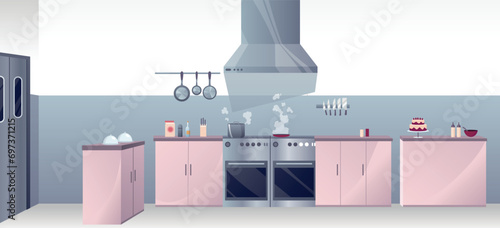 Restaurant kitchen. Horizontal panorama, culinary room interior background