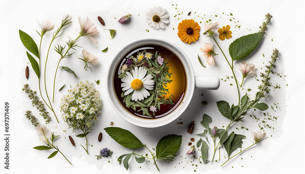 Tea with herbs and flowers in a cup top view. Generative AI, - obrazy, fototapety, plakaty 