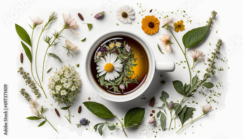 Tea with herbs and flowers in a cup top view. Generative AI,