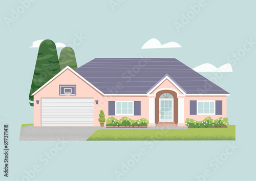 Suburban Residential House, Flat vector style