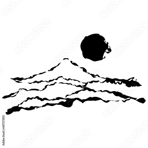 山と太陽の墨絵風イラスト　ベクター
