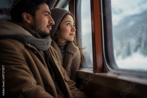 Asian couple admiring snow from train window while traveling in Turkey. © ckybe