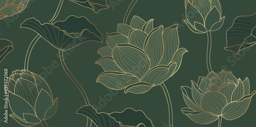 Golden lotus green background vector. Tropical flower design, Lotus leaves line arts for wallpape, packaging, covers, vector illustration.