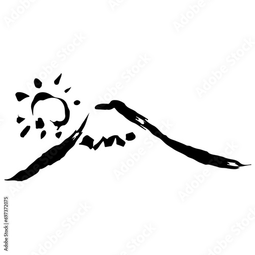 山と太陽の墨絵風イラスト　ベクター