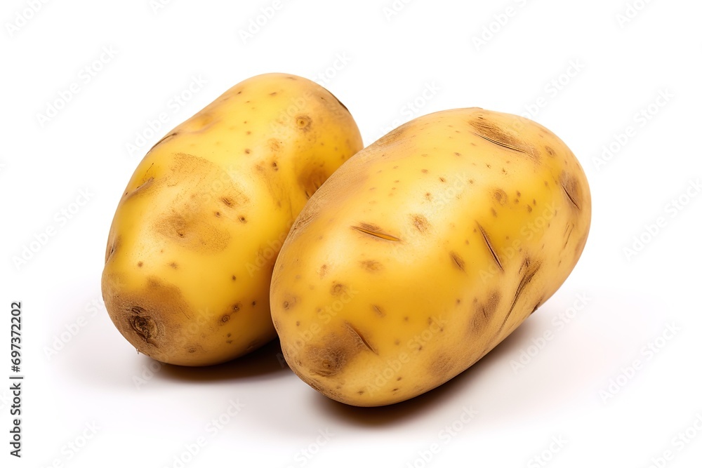 Fresh potatoes photographed at close range on a white background. generative AI Fresh potatoes photographed at close range on a white background. generative AI