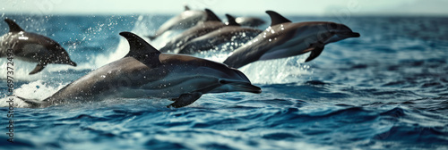 A group of dolphins jumps out of the water, banner, background photo