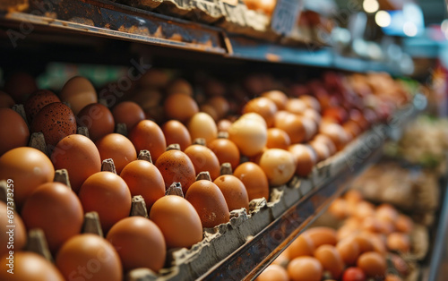 Neatly organized eggs on a shelf, with the soft focus lending a tranquil ambiance to the marketplace setting.