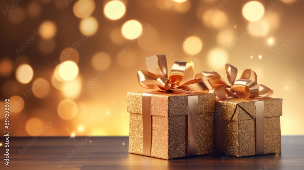 Two wrapped presents sitting on a table in front of a blurry background Two wrapped presents sitting on a table in front of a blurry background