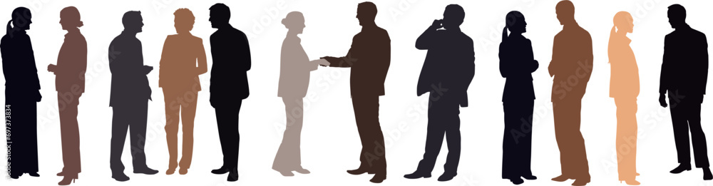 Vector silhouettes of men and a women, a group of standing business people, meeting isolated on white background