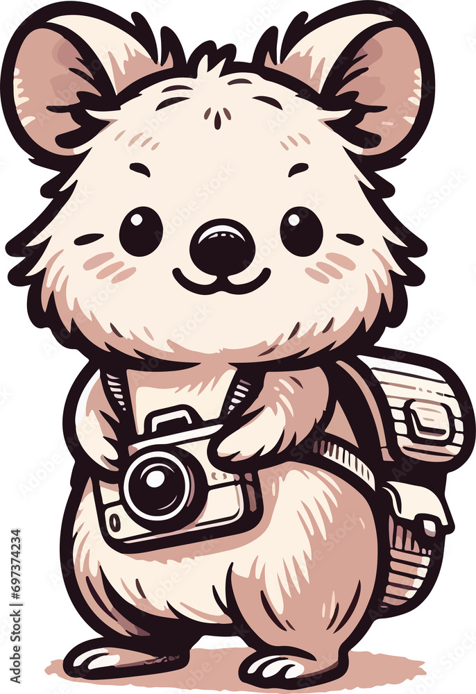 A quokka sporting a backpack and a camera slung around its neck A quokka sporting a backpack and a camera slung around its neck