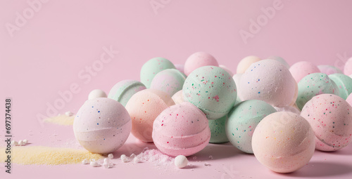 Beautiful fizzy bath bombs in pastel colors palette. Round multicolored balls for bathing and relaxation. Handmade aromatic bath bomb.