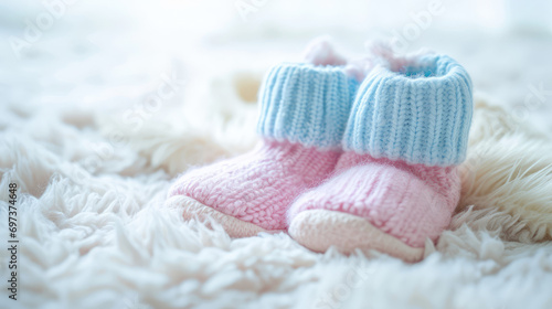 Cute pink warm baby knitted booties on pastel background with copy space. Baby socks for newborn babies. First steps, baby products store banner.
