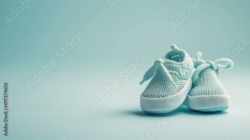 Cute blue warm baby knitted booties on pastel blue background with copy space. Baby socks for newborn babies. First steps, baby products store banner. photo