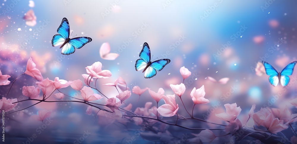 Beautiful blooming cherry blossoms with fluttering butterflies Beautiful blooming cherry blossoms with fluttering butterflies