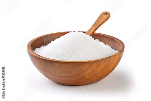 white salt in a wooden bowl on a white background. generative Ai photo