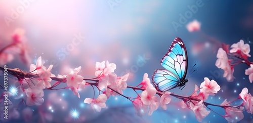 Beautiful blooming cherry blossoms with fluttering butterflies © original logo
