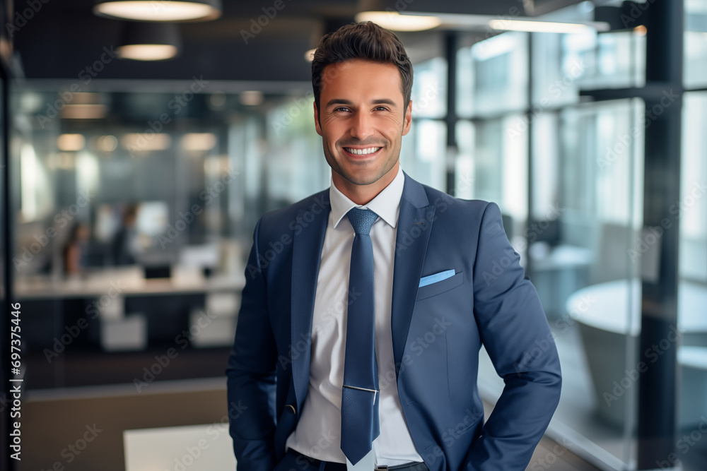 A smiling, handsome businessman dressed in a suit is inside an office A smiling, handsome businessman dressed in a suit is inside an office