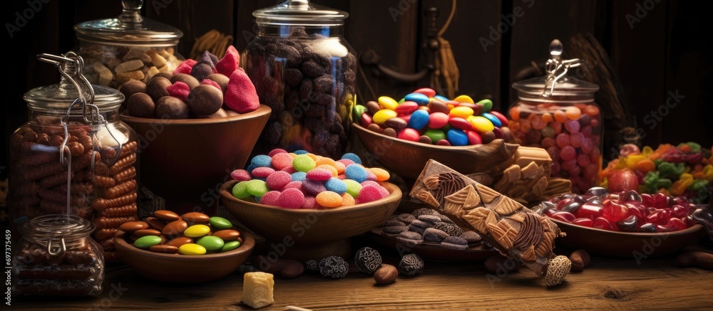 Assorted candy and chocolate displayed on a wooden table.