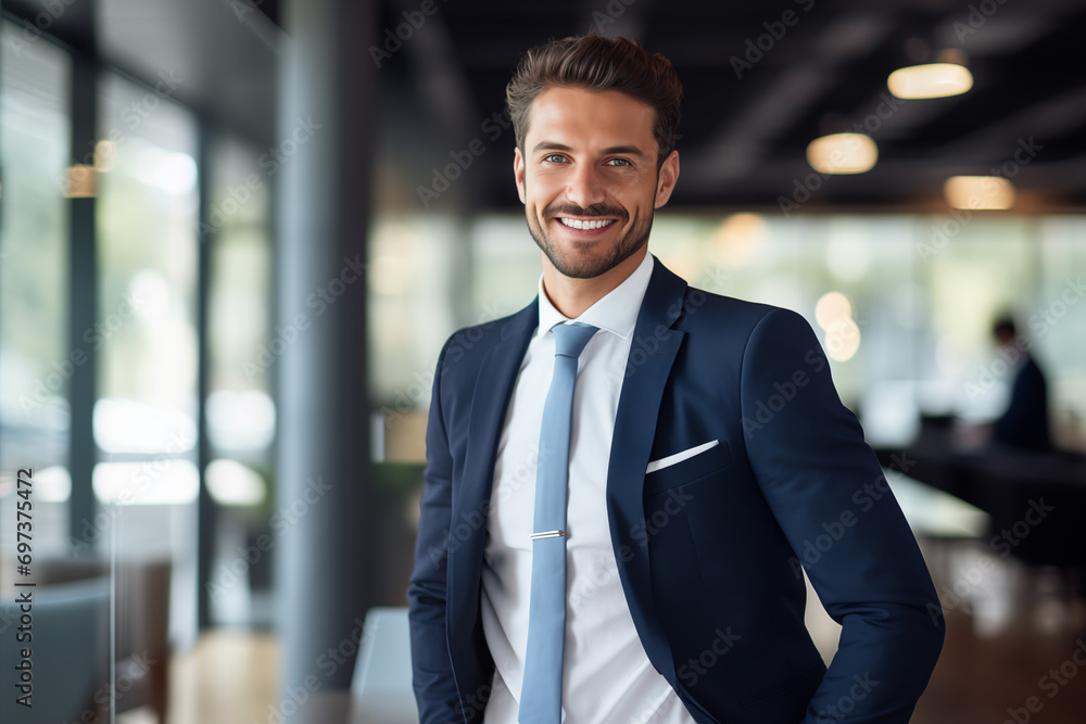 A smiling, handsome businessman dressed in a suit is inside an office A smiling, handsome businessman dressed in a suit is inside an office