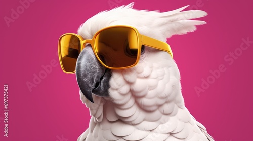 white cockatoo wearing sunglasses on a solid color background, vector art, digital art, faceted, minimal, abstract.  © andrenascimento