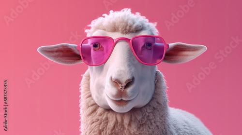 sheep wearing sunglasses on a solid color background, vector art, digital art, faceted, minimal, abstract.