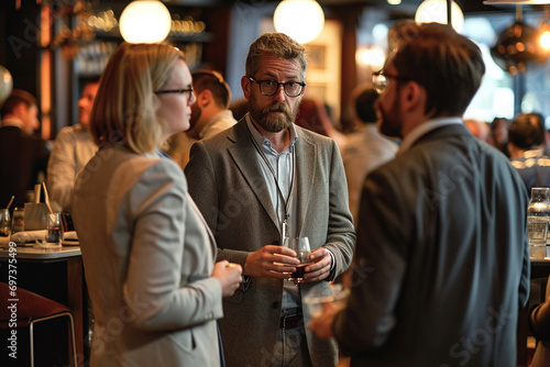 Business professionals networking at an event, with room for insights on connections