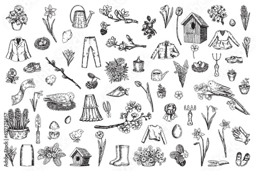 Spring time clipart collection. Sketches set of berries, birds, gardening, plants, accessories, clothes. Hand drawn vector illustrations isolated on white.