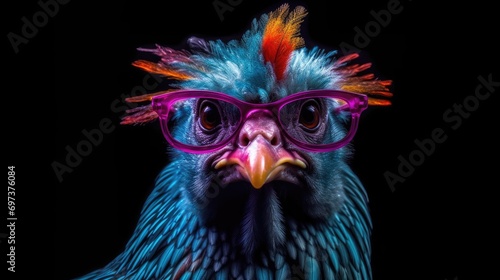 punk chicken wearing sunglasses on a solid color background, vector art, digital art, faceted, minimal, abstract. © andrenascimento