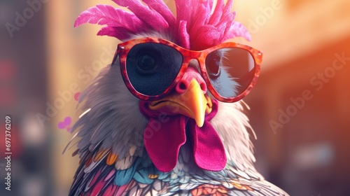 punk chicken wearing sunglasses on a solid color background, vector art, digital art, faceted, minimal, abstract. photo