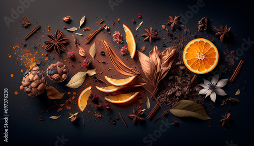 tea leaves dried berries and dried fruits, orange peel, cinnamon, star anise. Generative AI, photo