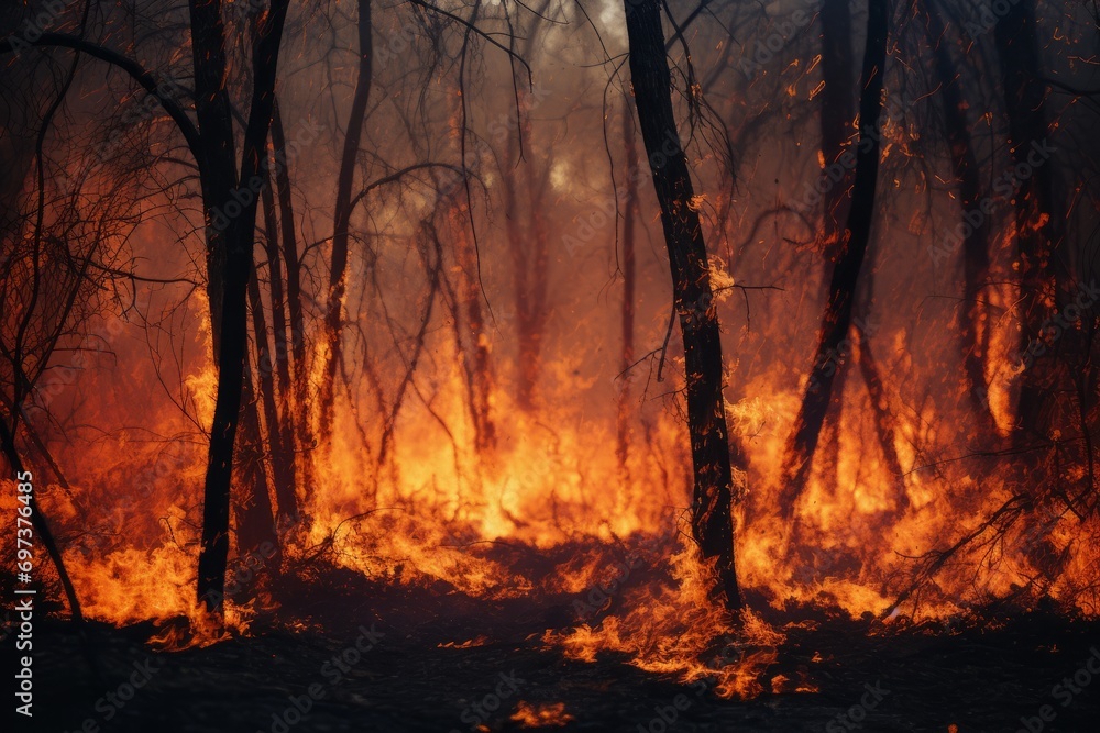 A beautiful wild forest on a mountain, engulfed in fire with a lot of smoke A beautiful wild forest on a mountain, engulfed in fire with a lot of smoke