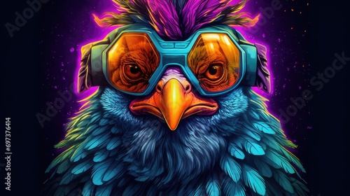 cool cyber punk chicken wearing sunglasses on a solid color background, vector art, digital art, faceted, minimal, abstract. photo