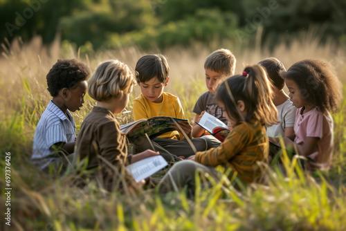 Sitting together on the green grass and surrounded by plants outdoors, children of various cultures are dedicated to reading, showing concentration and a lively curiosity, in a collective moment 