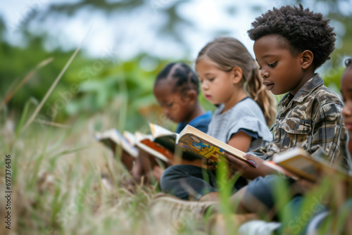 A group of children from diverse cultures are seated on the grass, surrounded by greenery and outdoor plants, dedicated to reading, showing concentration and lively curiosity, in a collective moment  photo