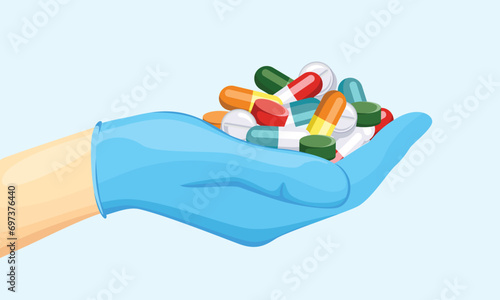 Heap of pills in hand. Treatment with pharmaceutical drugs concept. Vector cartoon illustration.