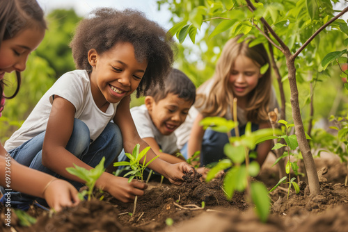Children of different ethnicities learning to cultivate in a school plantation. Little Gardeners in Action: Fostering Inclusion and Love for the Earth. photo