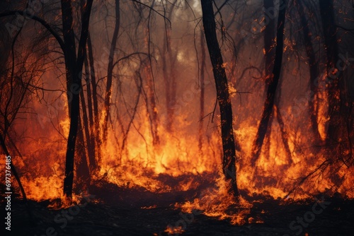 A beautiful wild forest on a mountain, engulfed in fire with a lot of smoke © Darya Lavinskaya