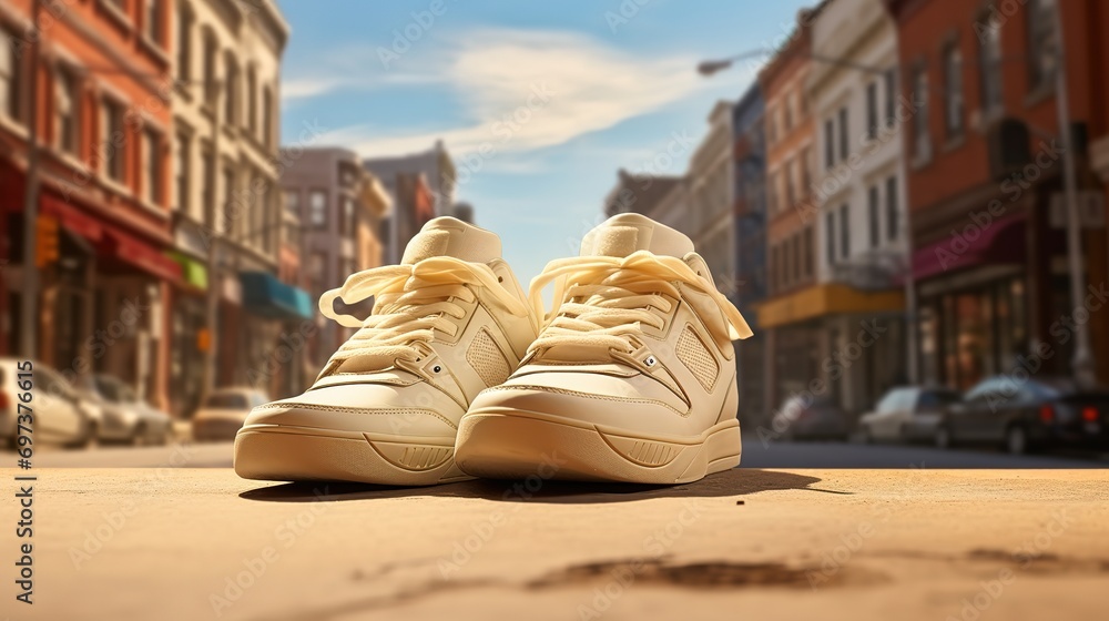 A pair of light brown shoes in the photo with an urban background