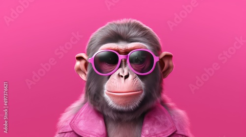 Monkey wearing sunglasses on a solid color background, vector art, digital art, faceted, minimal, abstract.
