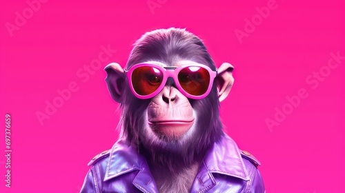 Monkey wearing sunglasses on a solid color background, vector art, digital art, faceted, minimal, abstract.
